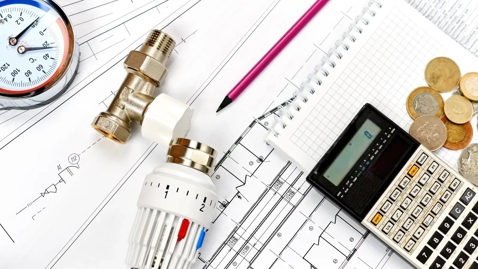 Thermostatventil und Manometer auf einem Heizungsplan